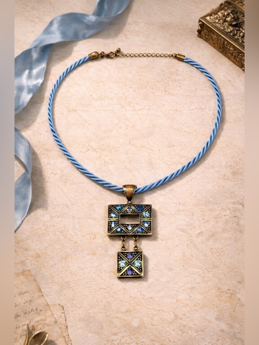 Lia Sophia Aztec Boho Statement Necklace 💙 Blue Rope Cord Tribal Pendant